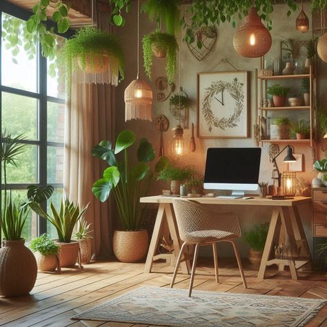 Chic Office Ideas, Boho Workspace, Boho Office Room, Jungle Office, Boho Chic Office, Lego Office, Distressed Desk, Bohemian Home Office, Bohemian Office