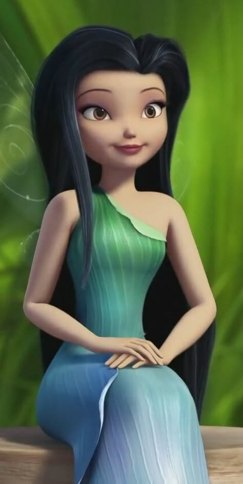 Silvermist Pixie Hollow, Silvermist Wallpaper, Black Hair Cartoon Characters, Tinkerbell Vidia, Silvermist Aesthetic, Vidia Tinkerbell, Tinker Bell Characters, Silvermist Fairy, Tinker Bell Fairies