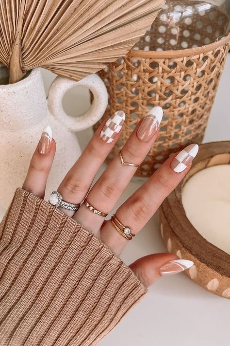 trendy spring 2023 nails - checkered glazed donut nails Neutral Nails White, White Nails French Tip, White Nails French, Nails Glazed Donut, Checkerboard Nails, Glazed Donut Nails, Donut Nails, Almond Shaped Nails, Almond Nails French