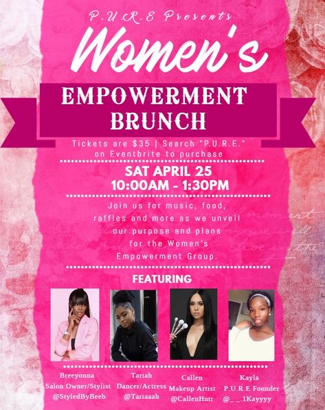 Woman Event Ideas, Women Empowerment Brunch Ideas, Mom Event Ideas, Women In Business Event Ideas, Women Empowerment Party Ideas, Ladies Events Ideas, Womens Empowerment Activities Ideas, Womens Conference Theme Ideas, Women Party Themes