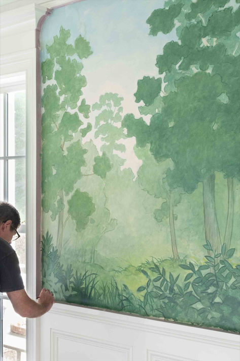 Mural Art Living Room, Wall Paint Mural Ideas, Mural Kitchen Wall, House Murals Interiors, Nature Murals Painted, Cottagecore Mural, Small Mural Ideas, Living Room Mural Ideas, Painted Murals On Walls