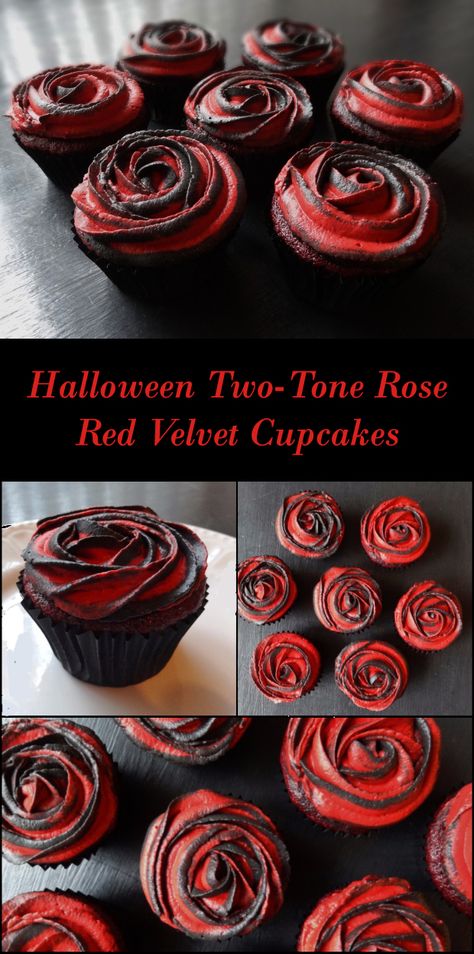 RECIPE: Two-Tone Rose Red Velvet Cupcakes. Red velvet cake has a mild chocolate flavour which comes from adding a small amount of cocoa powder to the batter. Halloween Frightening French Fête Parisienne Party Theme Decorating & Food Ideas Sweeney Todd Themed Food, Spooky Cupcakes Scary Halloween, Phantom Of The Opera Food Ideas, Dracula Party Ideas, Horror Cupcakes Ideas, Gothic Halloween Party Food, Vampire Snack Ideas, It Themed Food, Red Velvet Cake Halloween