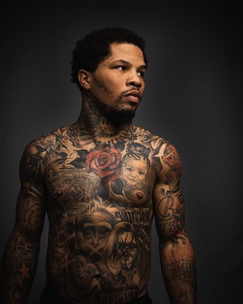 Tank Davis Tattoo, Tattoos For Dark Skin Men Black Man, Gervonta Davis Tattoos, Men Chest Tattoo Ideas, Chest Tattoo Men Ideas, Boxing Tattoos, Full Chest Tattoos, Gervonta Davis, Black Men Tattoos