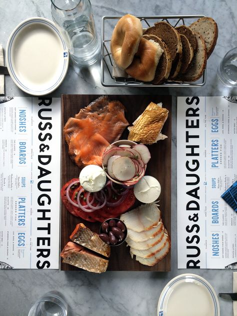 Russ & Daughters Cafe, NY Ny Deli, Lox Bagel, Chocolate Rugelach, Russ And Daughters, Lox And Bagels, Nyc Eats, Platter Board, Best Bagels, Black And White Cookies