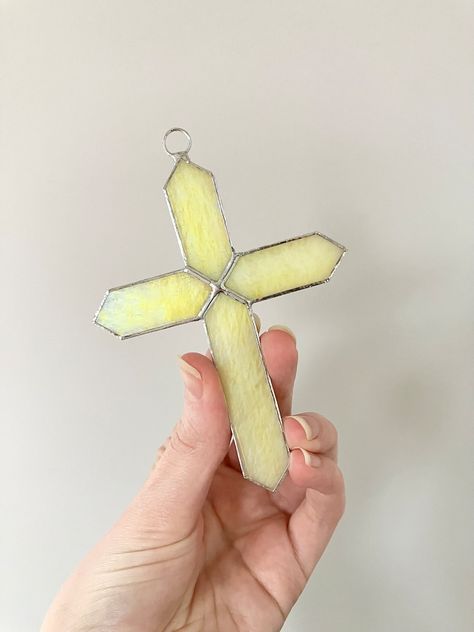 Stained Glass Cross, Iridescent Yellow Cross, Lead Free Stained Glass, Cross Suncatcher, Cross Ornament, Christian Gift - Etsy Small Suncatchers, Cross Suncatcher, Stained Glass Cross, Diy Stained Glass Window, Stained Glass Patterns Free, Glass Cross, Stained Glass Angel, Stained Glass Decor, Glass Art Projects