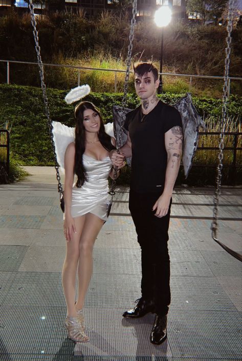 Angel Demon Couple Costume, Couples Angel Costume, Fallen Angel Couple Costume, Halloween For Couples Costumes, Angle And Devil Couples Costumes, Hot Angel Costume Halloween, Angels Couple Costume, Angel And Demon Couple Costume, Demon Halloween Costume Men