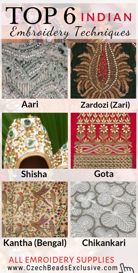 Where to Buy and How To Use French, Bullion Wire, Hook, Threads, Stones - Indian Embroidery Techniques |SAVE it!| www.CzechBeadsExclusive.com #czechbeadsexcluisve #czechbeads Types Of Hand Embroidery Work, Different Types Of Work On Fabric, Types Of Work On Fabric, Self Embroidery Designs, Types Of Handwork On Fabric, Art Embroidery Ideas, Embroidery Fabric Indian, Embroidery Indian Designs, Types Of Indian Embroidery