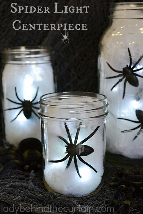 Halloween Spider Light Centerpiece | You only need 4 items to build this fun and easy centerpiece! Spider Web Centerpiece, Spooky Table Centerpieces, Light Centerpieces, Halloween Centerpiece Ideas, Gross Bugs, Halloween Party Centerpieces, Halloween Lanterns Diy, Client Events, Décoration Table Halloween