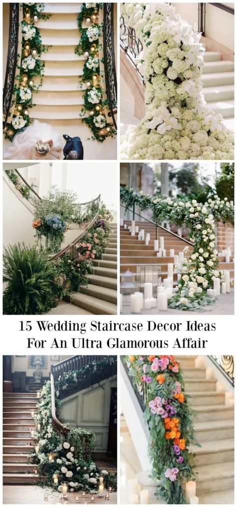 15 Wedding Staircase Decor Ideas for an Ultra Glamorous Affair - Belle The Magazine Outdoor Staircase Wedding Decor, Staircase Decorations For Wedding, Plants Staircase, Staircase Wedding Decor, Wedding Staircase Decoration, Wedding Stairs, Engagement Party Decorations Diy, Wedding Staircase, Staircase Decor Ideas