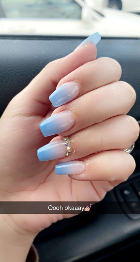 Nails For Working Hands, Powder Blue Ombre Nails, Light Blue Ombre Nails Almond, Azure Blue Nails, Baby Boomer Bleu, Blue White Ombre Nails, White And Blue Ombre Nails, Blue Fade Nails, Sky Blue Nail Ideas