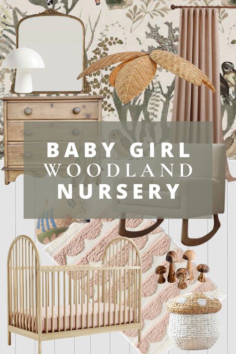 Forest Baby Nursery Girl, Nursery Room Inspiration Woodland, Woodland Nursery Furniture, Magical Nursery Woodland, Woodland Neutral Nursery, Woodland Theme Nursery Girl, Nursery Ideas Baby Girl, Garden Themed Nursery Girl, Baby Girl Nursery Whimsical