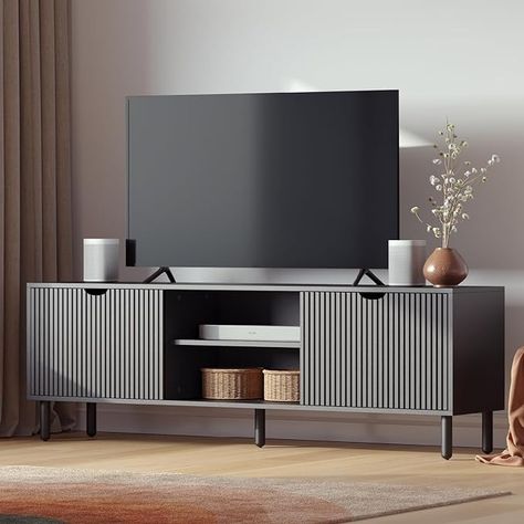 Amazon.com: Contemporary Fluted TV Stand - Media Console - 70 Inch Entertainment Center with Storage - Console Table for Living Room and Bedrooms - Supports 32 to 80" TVs - Soft-Close Cabinet Doors (Black) : Home & Kitchen Fluted Panel Tv Console, Black Modern House Decor, Tv Stand Decor Living Room Apartment, Modern Farmhouse Tv Stand Decor, Black Tv Stand Decor, 75 Inch Tv Stand Ideas, Tv Console Decorating Modern, Living Room Decor Tv Stands, Living Room With Large Tv