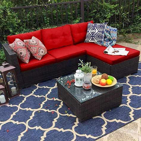 Small Sectional Outdoor Furniture, Patio Decorating Ideas Red Cushions, Red Outdoor Decor Patio, Outdoor Deck Seating Ideas, Red Patio Furniture Decor, Red Patio Decor, Red Patio Furniture, Outdoor Furniture Sectional, Villa Patio