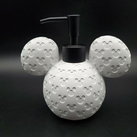 Disney Mickey Mouse (White) 3d Print Soap/Lotion Dispenser With Black Pump New. New Resin White Logo 3d Mickey, Minnie Mouse Disney Soap Dispenser. Black Pump. Approximate Dimensions: 6" H X 6"D X 3.75"W Dispenser Condition: Brand New. From A Smoke And Pet Free Home. Mickey Mouse Bathroom Decor, Disney Bathroom Ideas For Adults, Disney Kitchen Ideas, Princess Bathroom, Mickey Bathroom, Mickey Mouse Bathroom, Disney Character Makeup, Disney Bathroom, Mickey Mouse Decorations