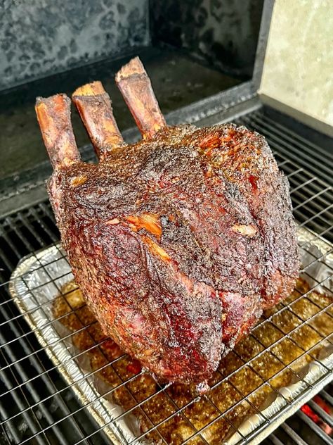 Hickory Smoked Prime Rib, Smoked Prime Rib With Garlic Herb Compound Butter, Smoked Standing Rib Roast Recipe, Smoked Garlic Butter Crusted Prime Rib, Pellet Smoked Prime Rib, Traeger Smoked Prime Rib Roast, Smoked Rib Eye Roast Recipe, Smoked Bone In Rib Roast, Prime Rib Roast Grill Recipe