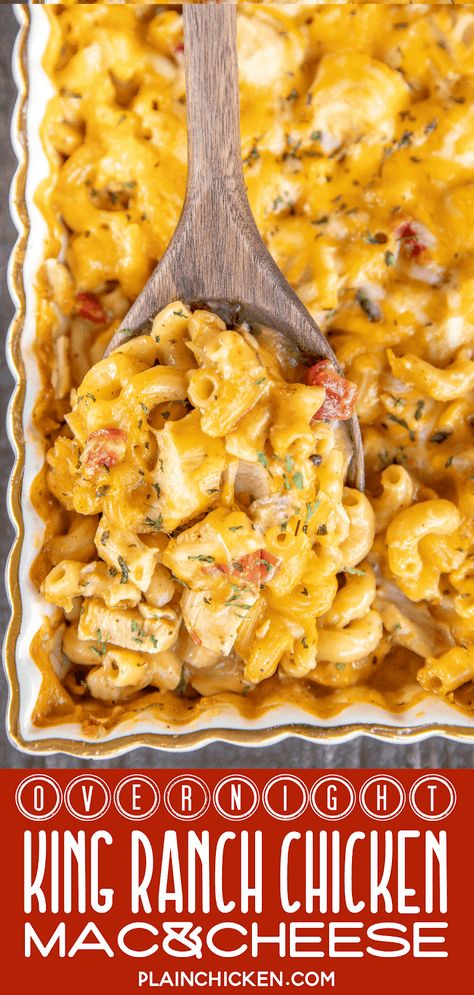 Overnight King Ranch Chicken Mac and Cheese - a new family favorite! It is on repeat in our house! It is like #chicken tetrazzini with #Velveeta and #Rotel. YUM! Just dump everything in the #casserole dish and refrigerate overnight. No boiling the noodles! Chicken, cream of chicken, cream of mushroom, milk, chicken broth, Velveeta, Rotel, taco seasoning, elbow macaroni and mexican cheese blend. Use a rotisserie chicken for quick prep. #texmex #mexican #freezermeal King Ranch Pasta, King Ranch Mac And Cheese, Elbow Noodle Chicken Recipes, Chicken Ranch Macaroni And Cheese, Elbow Macaroni Casserole Recipes, King Ranch Chicken Pasta, Dinner Ideas With Elbow Noodles, Chicken Casserole With Velveeta Cheese, Casserole With Macaroni Noodles