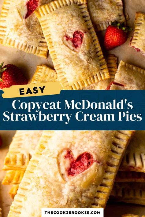 Copycat McDonald's Strawberry and Cream Mini Pies are the perfect breakfast or sweet treat! Crispy, crumbly pastry encasing a fresh strawberry and cream cheese filling makes a delicious combination. Mcdonald's Pie Recipe, Strawberry Cream Pie Mcdonalds, Mcdonald's Strawberry Cream Pie, Mcdonalds Strawberry Cream Pie, Strawberry Banana Pie, Strawberry Creme Pie, Strawberry Cream Pie Recipe, Pie Crust Dessert, Strawberry Cream Cheese Filling