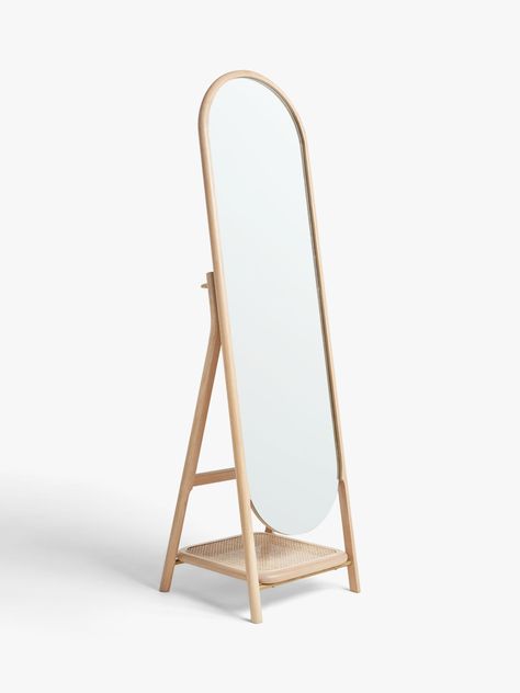 Ideal for farmhouse-inspired interiors, this practical, freestanding mirror is cut to a rounded, capsule shape. The frame is made from solid oak, in a painted or natural finish that highlights the natural, tactile wood grains. Designed with a low cane shelf that offers an airy contrast to the robust wooden frame, as well as a discreet hanging rail at the back, this mirror provides convenient extra storage space for small bedrooms. Want to see it first? You may want to see and get a feel for the John Lewis Furniture, Rattan Bedroom Furniture, Freestanding Mirror, Cane Shelf, Rattan Bedroom, Log Candles, Freestanding Mirrors, Storing Clothes, Frameless Mirror