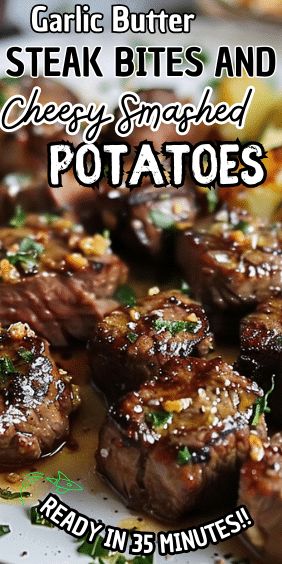 Garlic Butter Steak Bites and Cheesy Smashed Potatoes Tender Steak Bites, Slow Cooker Ravioli Lasagna, Slow Cooker Ravioli, Garlic Butter Steak Bites, Butter Steak Bites, Steak Bites Recipe, Smashed Potatoes Recipe, Garlic Steak, Butter Steak