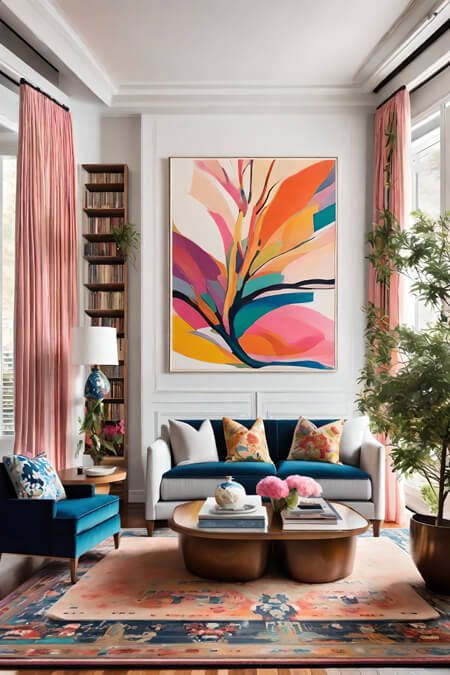 Painting In House Living Rooms, Luxury Bedroom Master Colorful, Paintings In The Living Room, Office Bright Colors, Lively Interior Design, Neutral Living Room With Pop Of Color Artwork, Home Decor Bright Colors, Living Room Paintings Ideas, Artwork Ideas For Living Room