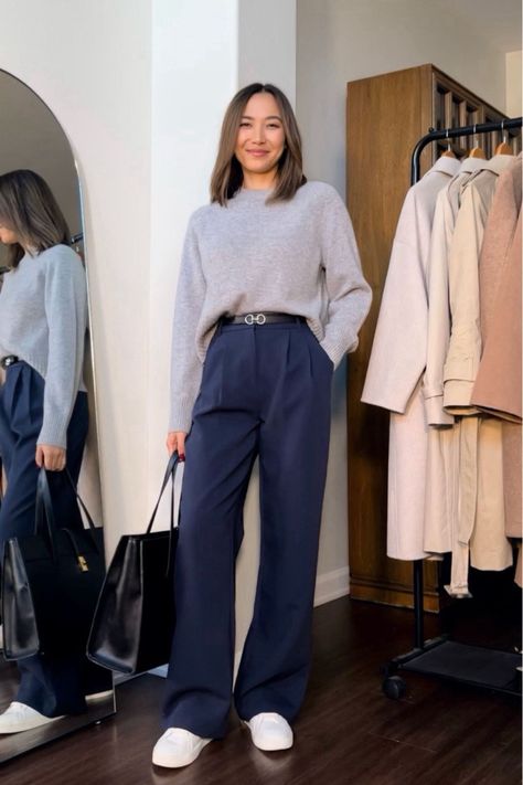 Women's A&F Sloane Tailored Pant curated on LTK Indigo Pants Outfit Women, Navy Pant Work Outfit Women, Classical Outfits For Women, Work Outfit Trousers, Navy Blue Pants Winter Outfit, Blue Pants Office Outfit, Work Outfits Women Blue Pants, Trousers Styling Women, Women’s Fashion Casual Work