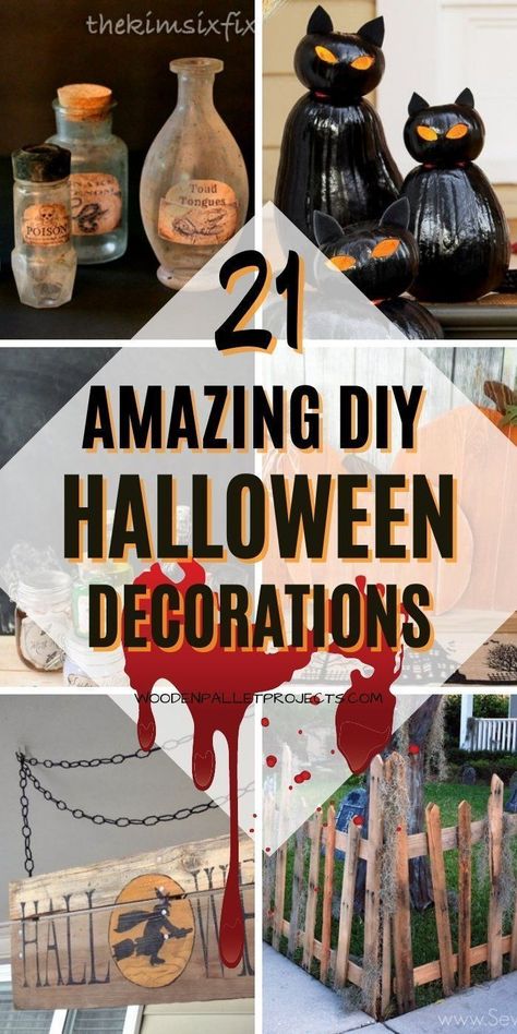 21 Amazing DIY Halloween Decorations Looking for diy Halloween decorations that you can make yourself? Here you'll find all sorts of awesome, scary, creepy looking projects and decor. Cheap Cute Halloween Decor, Creepy Easy Pumpkin Carving Ideas, Halloween Decor Potion Bottles, Cheap Indoor Halloween Decorations, Cheap Outdoor Halloween Decor, Diy Halloween Lantern, Halloween Boards Signs Diy, Funny Halloween Decor, Diy Potion Bottles Halloween