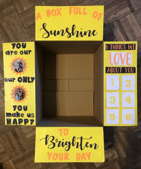 Box Full Of Sunshine Ideas, Army Care Package Ideas, Football Care Package, Army Care Package, Care Package Decorating, Sunshine Care Package, Birthday Care Package, Gi Jane, Missionary Care Packages