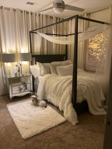 This is my ond bedroom apartment… approximately 757 sq ft. Room With Canopy Bed Bedroom Ideas, Canopy Bed Room Inspired, Canopy Master Bed Ideas, Black Four Poster Bedroom Ideas, Cozy Canopy Bed Aesthetic, Canopy Bed Apartment, Room Ideas With Canopy Bed, Bedroom Ideas With Canopy Bed, Room Ideas Canopy Bed