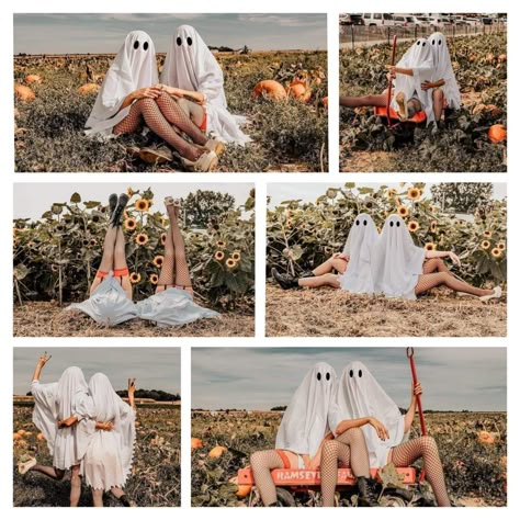 Cute Ghost Photoshoot, Halloween Friend Pictures, Pumpkin Patch Ghost Photoshoot, Friends Fall Pictures, Best Friend Photoshoot Themes, Fun Halloween Photoshoot Ideas, Halloween Pictures With Friends, Ghosts Photoshoot, Spooky Ghost Photoshoot