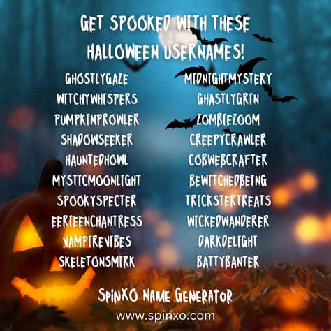 It's spooky season! Elevate your Halloween vibes with these hauntingly cool usernames. Which one will you pick? 🦇🕷️

#halloween #usernames #names #nameideas Spooky Names Ideas, Halloween Usernames, Cool Usernames, Username Generator, Screen Name, Halloween Names, Create Name, Username Ideas, Instagram Names