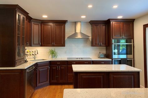 Traditional Kitchen with Cherry Java Raised Panel Cabinetry - Cabinets.com Traditional Kitchen Wood Cabinets, Dark Cherry Wood Kitchen Cabinets, Kitchen Backsplash With Cherry Cabinets, Kitchens With Cherry Cabinets, Kitchen With Brown Cabinets, Kitchen With Cherry Cabinets, Cherry Kitchen Cabinets, Brown Cabinets Kitchen, Cherry Wood Kitchen Cabinets