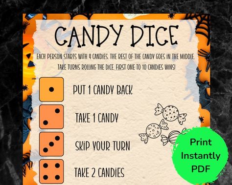 Candy Dice Game Halloween Party Games Candy Game Kids - Etsy Halloween Party Ideas For Elderly, Halloween Games For Family, Halloween Games For Seniors, Halloween Games For Adults Party, Halloween Party Teenagers, Halloween Party Activities For Adults, Halloween Activities For Adults, Halloween Party Games For Teens, Halloween Dice Game