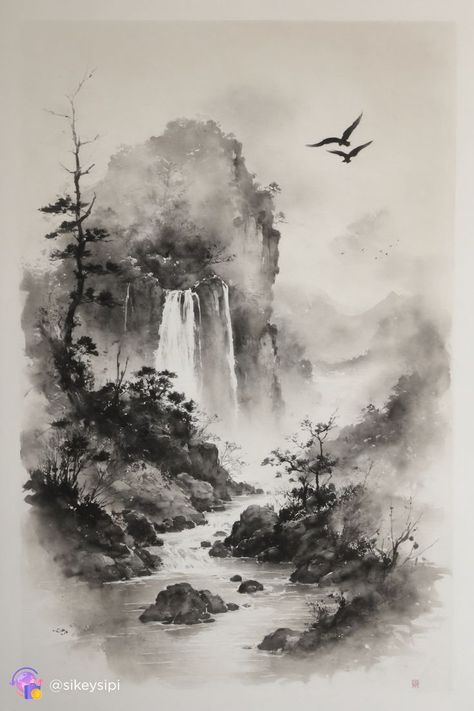 Immerse yourself in the aesthetics of Japanese ink drawing, where whiteness blends with beauty in proportions of 1.4. A masterpiece of art, best quality - every line is drawn with love and meticulousness. Japanese Graphics, Charcoal Artwork, Japanese Ink Painting, Zen Painting, Asian Landscape, Sketches Of Love, Chinese Landscape Painting, Chinese Art Painting, Japanese Drawings