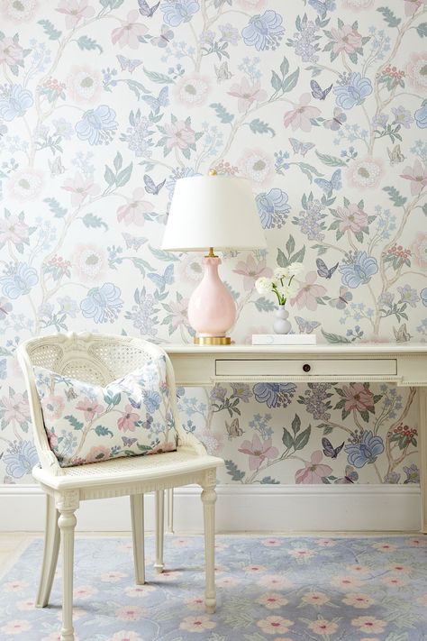 Chloe Wallpaper | Floral Wallpaper | Caitlin Wilson Chloe Wallpaper, Jane Birkin Bag, Princess Kids Room, Caitlin Wilson, Glam Pad, The Laundress, Pastel Nursery, Wallpaper Floral, Wallpaper Furniture