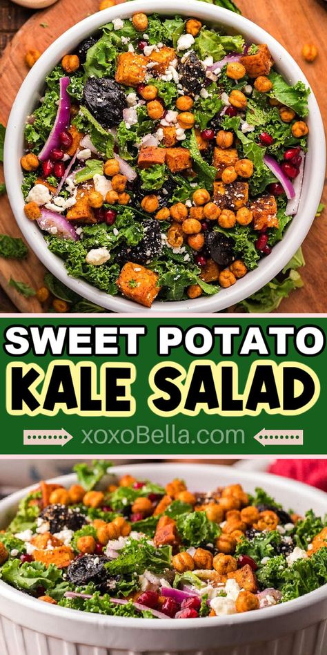 two close up photos of Sweet Potato Kale Salad Sweet Potato Recipes Salad, Sweet Potato Salad Bowl, Salad Sweet Potato, Sweet Potato Kale Salad, Kale Salad Meal Prep, Roasted Sweet Potato Salad, Kale Salad Recipes Healthy, Sweet Potatoes And Kale Recipes, Healthy Salad Ideas