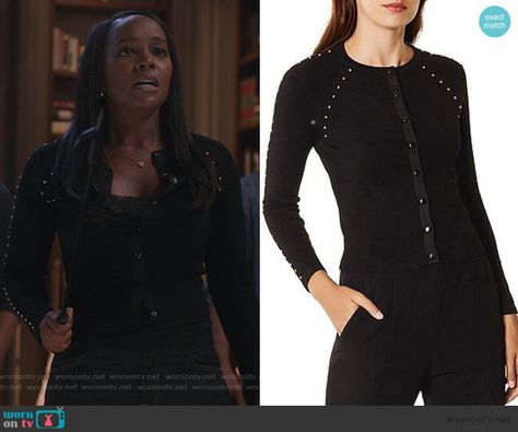 Michaela’s black studded cardigan on How to Get Away with Murder.  Outfit Details: https://wornontv.net/152836/ #HTGAWM Michaela Pratt, Aja Naomi King, Working Girl Style, Cutout Sweater, Color Block Top, Print Coat, Other Outfits, Karen Millen, Outfit Details