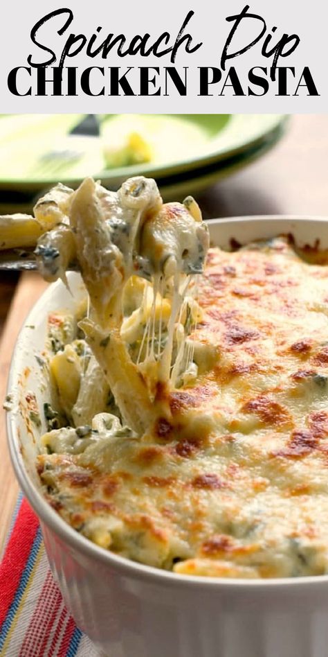 Spinach Dip Chicken Pasta in a baking dish. Spinach Dip Stuffed Chicken, Spinach Dip Chicken Pasta, Spinach Dip Dinner Recipes, Spinach Pasta With Chicken, Easy Dinner With Spinach, Recipe Using Spinach, Spinach Dip Chicken Casserole, Cheesy Spinach Pasta, Spinach Dip With Chicken