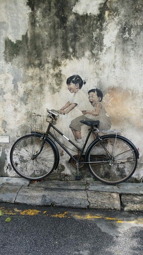 Penang Street Art Penang Island, Facade Installation, Malaysia Aesthetic, Caffe Design, Georgetown Malaysia, Girl On Bike, Georgetown Penang, Pulau Pinang, Pet Monsters