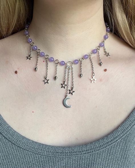 ‘Mystic’ Necklace 🌙 made with purple stone beads, stainless steel charms, and stainless steel findings 35cm + 7cm extension chain #jewelry #necklace #handmade #moon #stars #etsy Necklaces Inspo Beads, Purple Handmade Jewelry, Chain Necklace Outfit, Purple Beaded Necklace, Mystical Necklace, Bead Accessories, Bracelets Beads, Necklaces Handmade, Handmade Jewlery