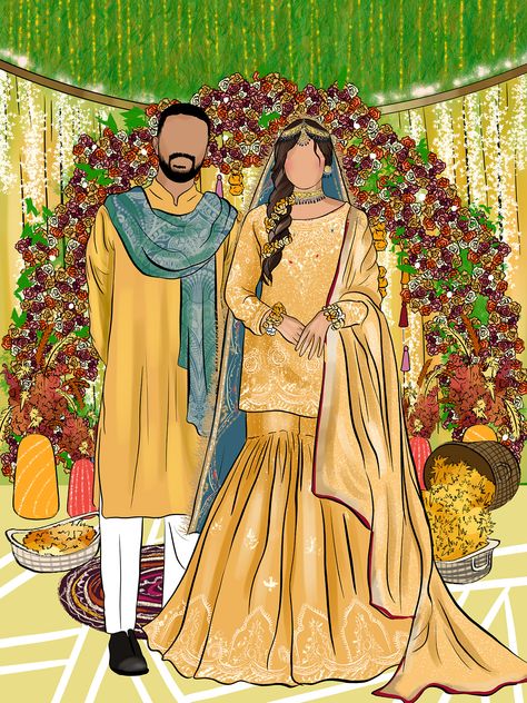 Wedding Elements Illustration, Haldi Couple, Pakistani Wedding Cards, Mehndi Invitation, Bride Fashion Illustration, Couple Illustrations, Cartoon Wedding Invitations, Couple Illustration Wedding, Wedding Illustration Card