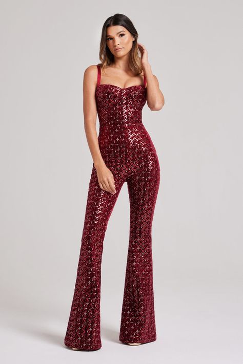 Evening Jumpsuits, Nadine Merabi, Flare Jumpsuit, Fitted Jumpsuit, Red Jumpsuit, Red Sequin, Bra Cups, One Piece Swimwear, Underwire Bra