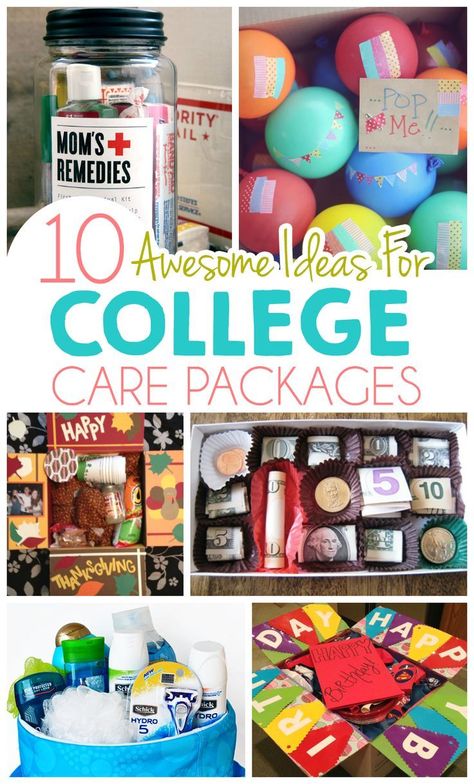 10 Awesome Ideas For College Care Packages #ad college student tips #college #student College Gift Boxes, College Care Package Ideas, College Gift Baskets, College Survival Kit, Care Package Ideas, Student Tips, First Year Of College, Packing Hacks, College Survival