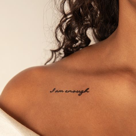 You are enough, and so much more. We all are! Our I Am Enough Manifestation Tattoo will support you in remembering this powerful acknowledgment. Non toxic. Last 3-7 days on average. 4.9 review average. Temporary on the skin. Indelible on the soul. #temporarytattoos I Am Enough Tattoo, Manifestation Tattoo, Enough Tattoo, I Am Enough, Hip Tattoo, You Are Worthy, You Are Enough, Non Toxic, Temporary Tattoos