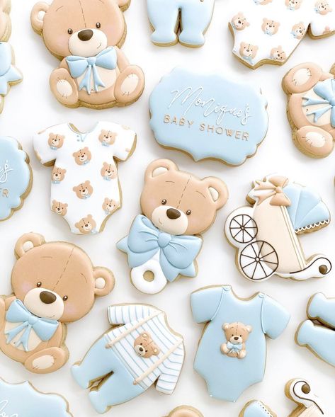 Baby Shower Cookies Boy, Teddy Bear Baby Shower Cookies, Bear Baby Shower Cookies, Teddy Bear Baby Shower Theme, Bear Baby Shower Cake, Baby Boy Cookies, Teddy Bear Cookies, Baby Shower Sweets, Bear Baby Shower Theme