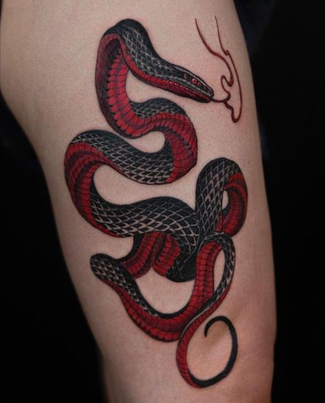 Red And Black Snake Tattoo, Black Snake Tattoo, Snake Tattoo Meaning, Red And Black Snake, Tattoo Snake, Bright Tattoos, Magic Runes, Snake Tattoo Design, Red Snake