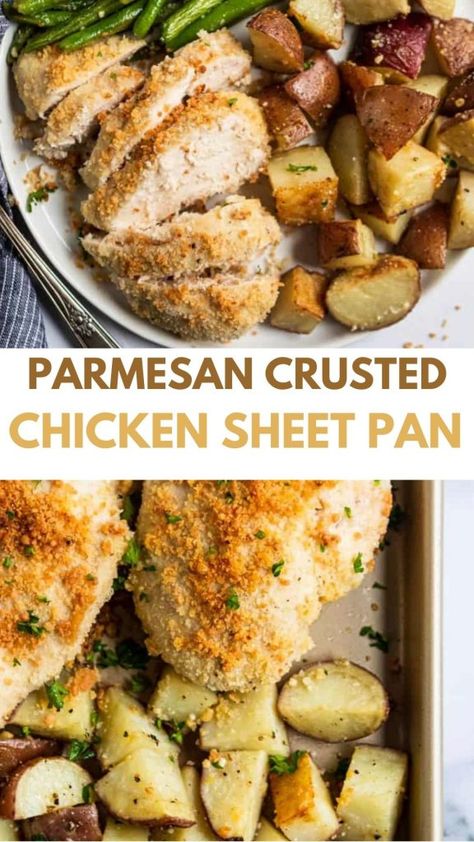 Parmesan Crusted Chicken Sheet Pan Dinner Easy Parmesan Crusted Chicken, Chicken Sheet Pan Dinner, Crispy Roasted Potatoes, Chicken Sheet Pan, Sheet Pan Meals Chicken, Sheet Pan Dinners Chicken, Sheet Pan Dinners Recipes, Parmesan Crusted Chicken, Parmesan Chicken