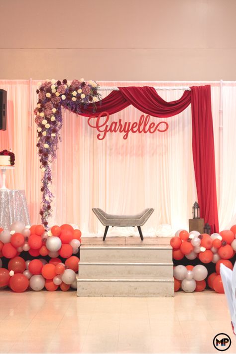 Here we show you how we decorate simple yet elegant stage backdrop for 18th Birthday. I hope you find this useful:) #diy #18thbirthday #debut #birthday #party #burgundy #backdrop Debut Decorations 18th Diy Simple, Debut Theme Ideas 18th Simple At Home, Maroon Debut Theme, Simple Debut Theme Ideas At Home, Debut Venue Design Simple, Debut Decorations Simple, Theme For Debut Ideas, Backdrop For Debut, Simple Debut Decorations