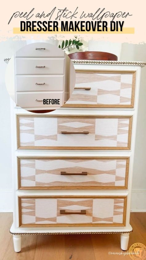 Dresser With Wallpaper Drawers, Using Peel And Stick Wallpaper, Wallpaper Drawers, Dresser Makeover Diy, Wallpaper Dresser, Diy Daybed, Diy Dresser Makeover, Fabric Dresser, Upholstery Tacks