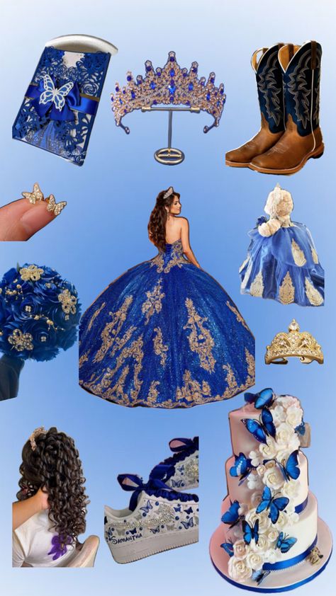 Royal blue quince board (15) Stitch Theme Quinceanera, Royal Blue And Gold Chambelanes Outfits, Royal Blue Charro Dress, Quince Blue And Gold, Quince Decorations Navy Blue, Navy Blue And Gold Quinceanera Theme, Royal Blue Quince Dresses With Gold, Royal Blue Quinceanera Theme Ideas, Navy Blue And Gold Quince