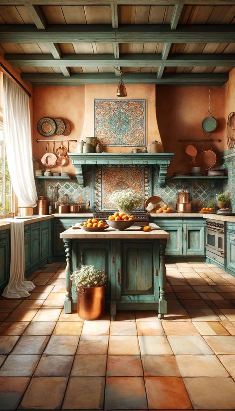 Apricot Walls, Teal Cabinets, Rustic Kitchen Backsplash, Fresh Apricots, Brown Headboard, Spanish Style Kitchen, Green Kitchen Designs, Kitchen Mosaic, Distressed Kitchen